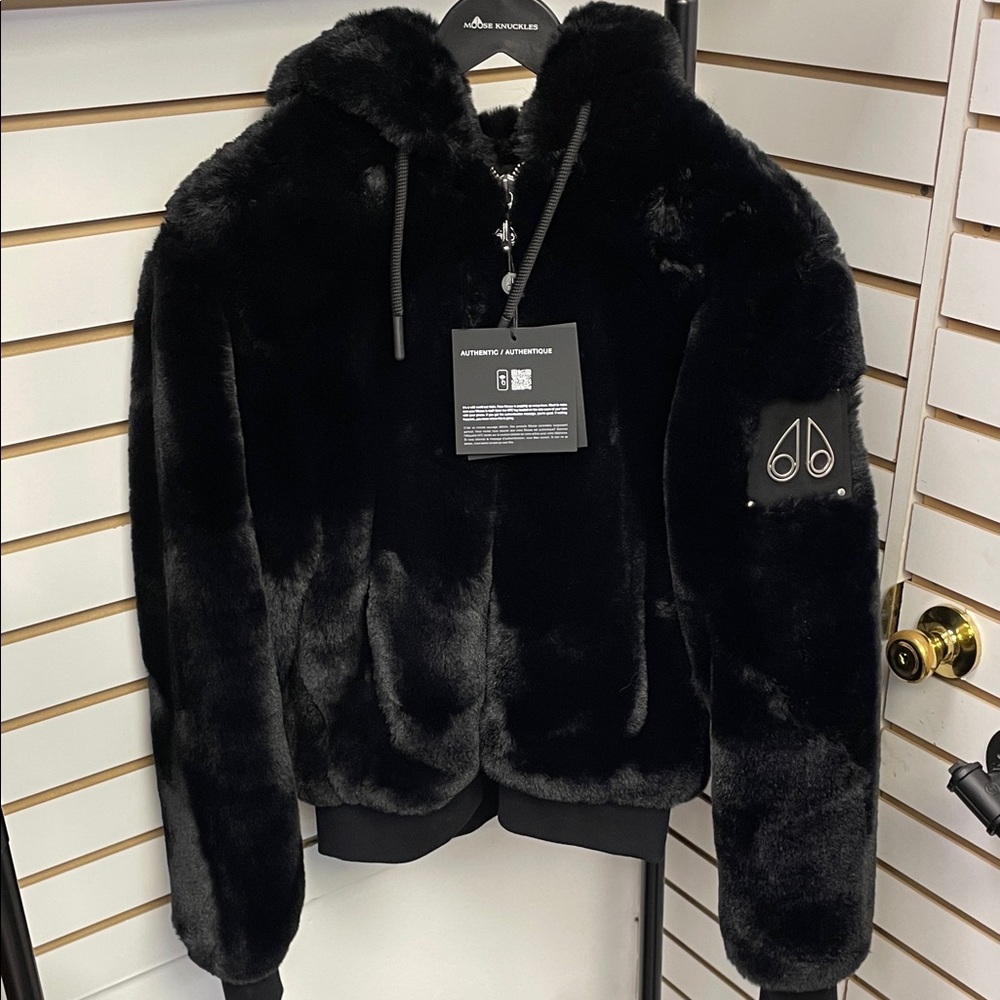 Moose Knuckles Black Fur Hoodie with Sleeve Logo